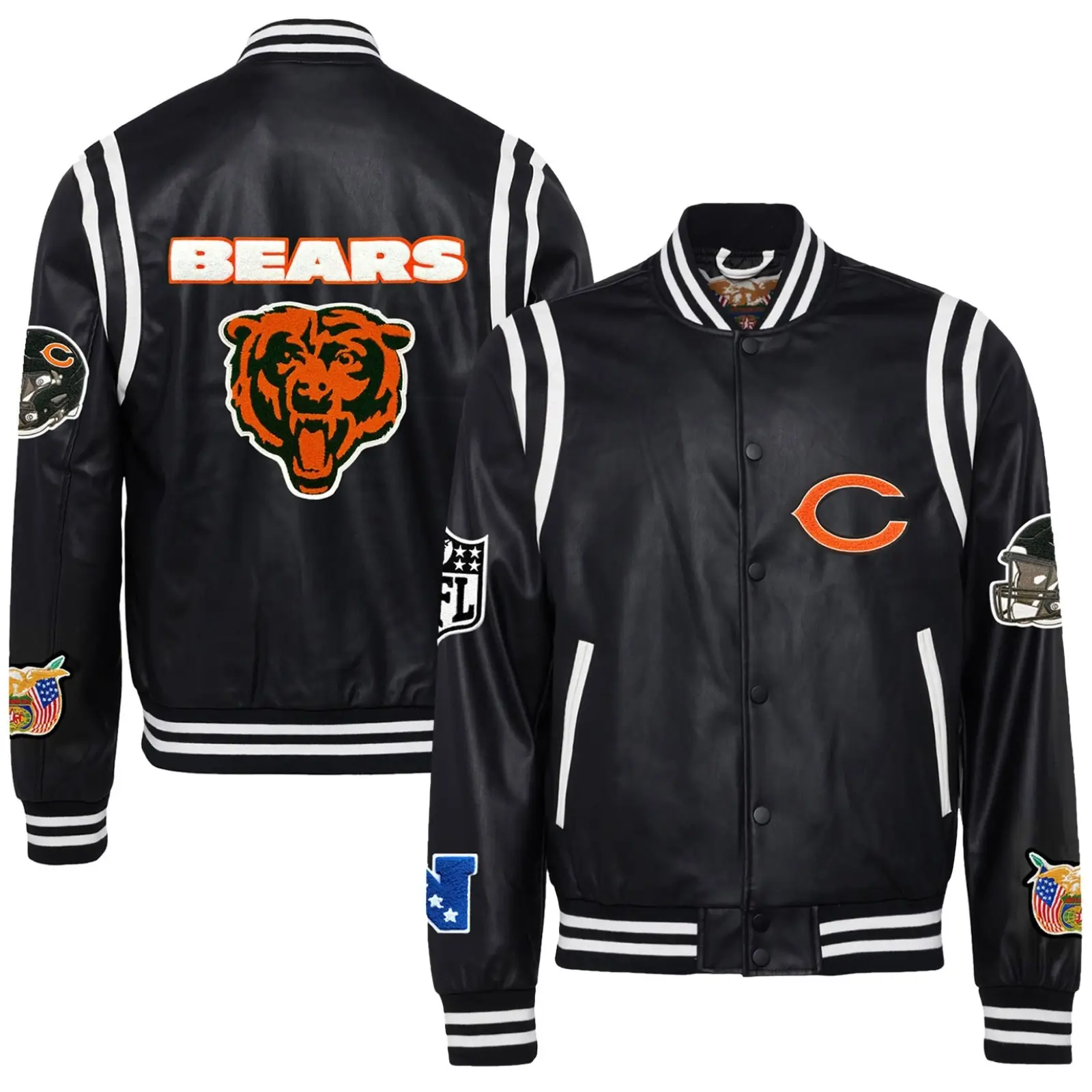 Chicago-Bears-Jeff-Hamilton-Black-Vegan-Full-Snap-Leather-Varsity-Jacket-LeatherMoto