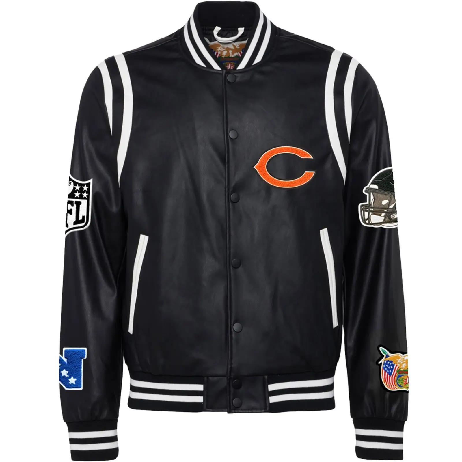 Chicago-Bears-Jeff-Hamilton-Black-Vegan-Full-Snap-Leather-Varsity-Jacket-LeatherMoto