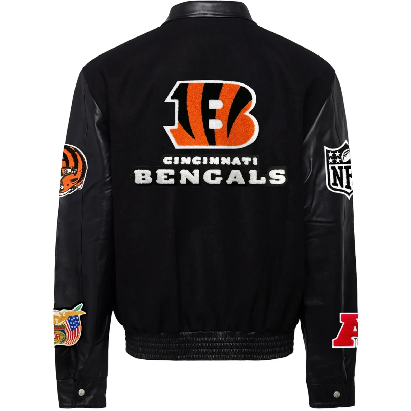 Cincinnati-Bengals-Jeff-Hamilton-Black-Wool-Leather-Varsity-Jacket-LeatherMoto