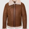 Classic Aviator Shearling Jacket Wooden Brown Leather with Heavy-Duty Zip and Buckled Collar (1)