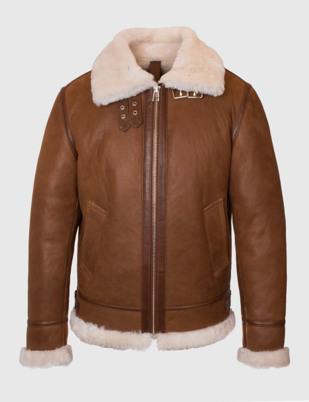 Classic Aviator Shearling Jacket Wooden Brown Leather with Heavy-Duty Zip and Buckled Collar (1)