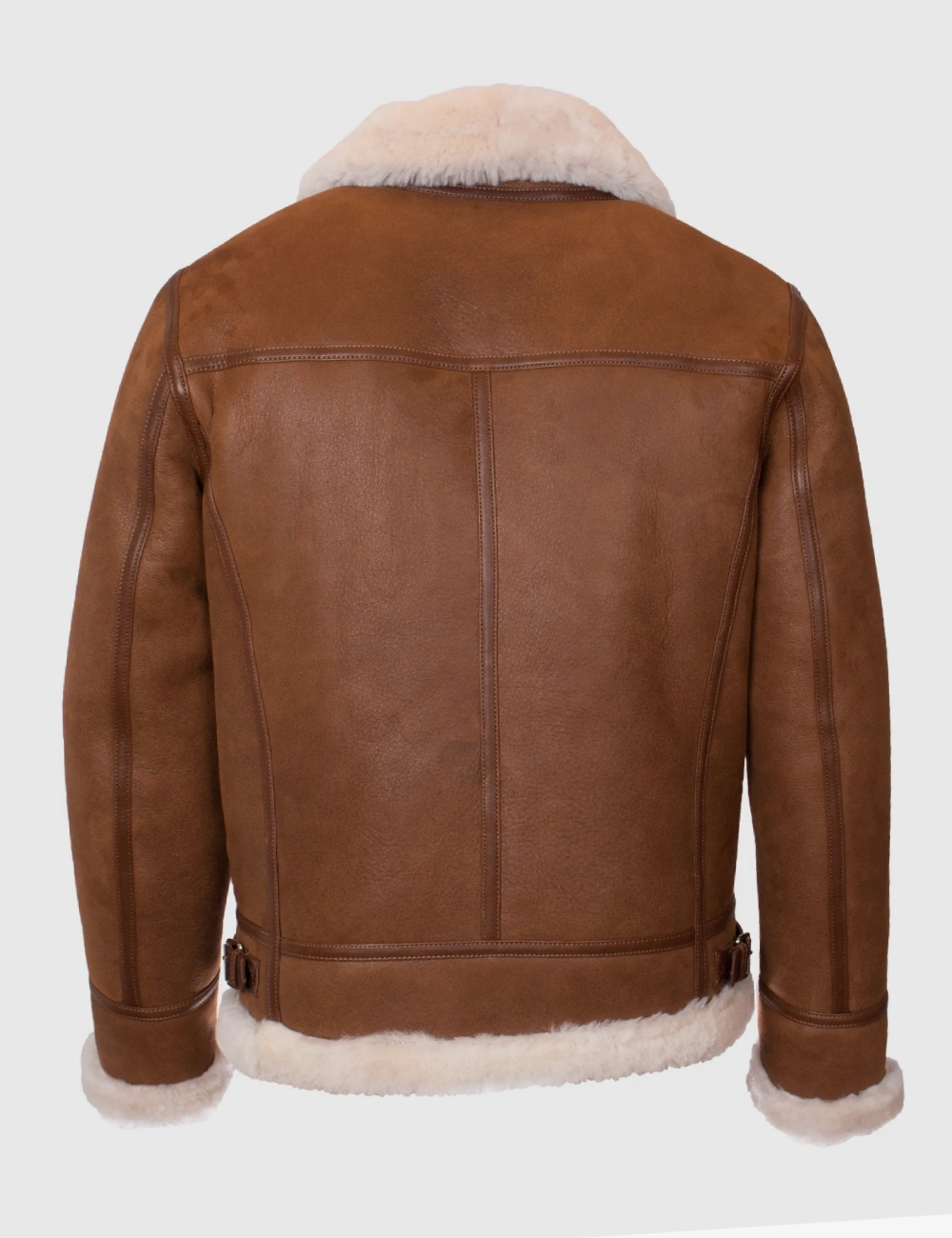 Classic Aviator Shearling Jacket Wooden Brown Leather with Heavy-Duty Zip and Buckled Collar (6)