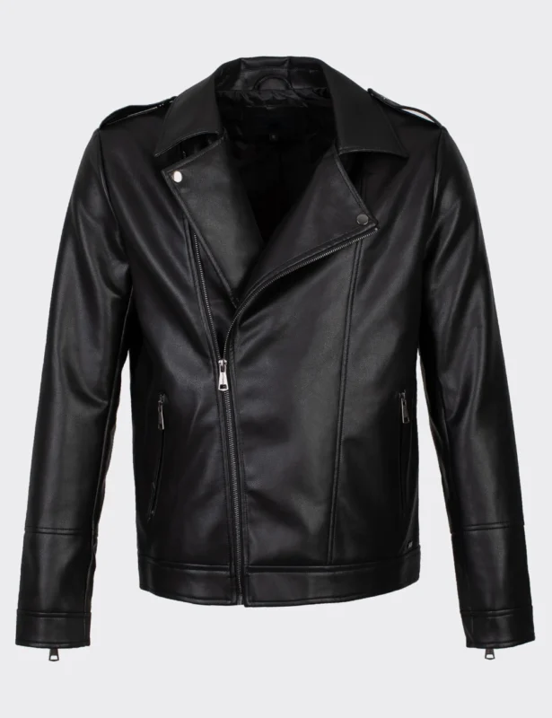Classic Black Leather Biker Jacket Sleek Design with Streamlined Fit and Premium Detailing (6)