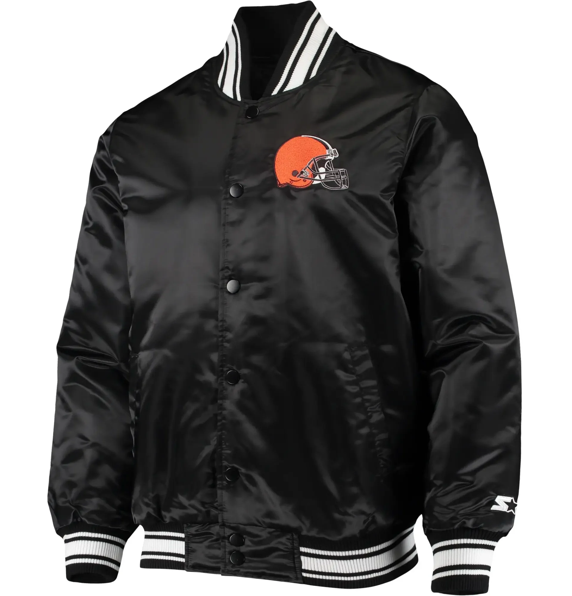Cleveland-Browns-Starter-Locker-Room-Full-Snap-Satin-Varsity-Black-Jacket-LeatherMoto