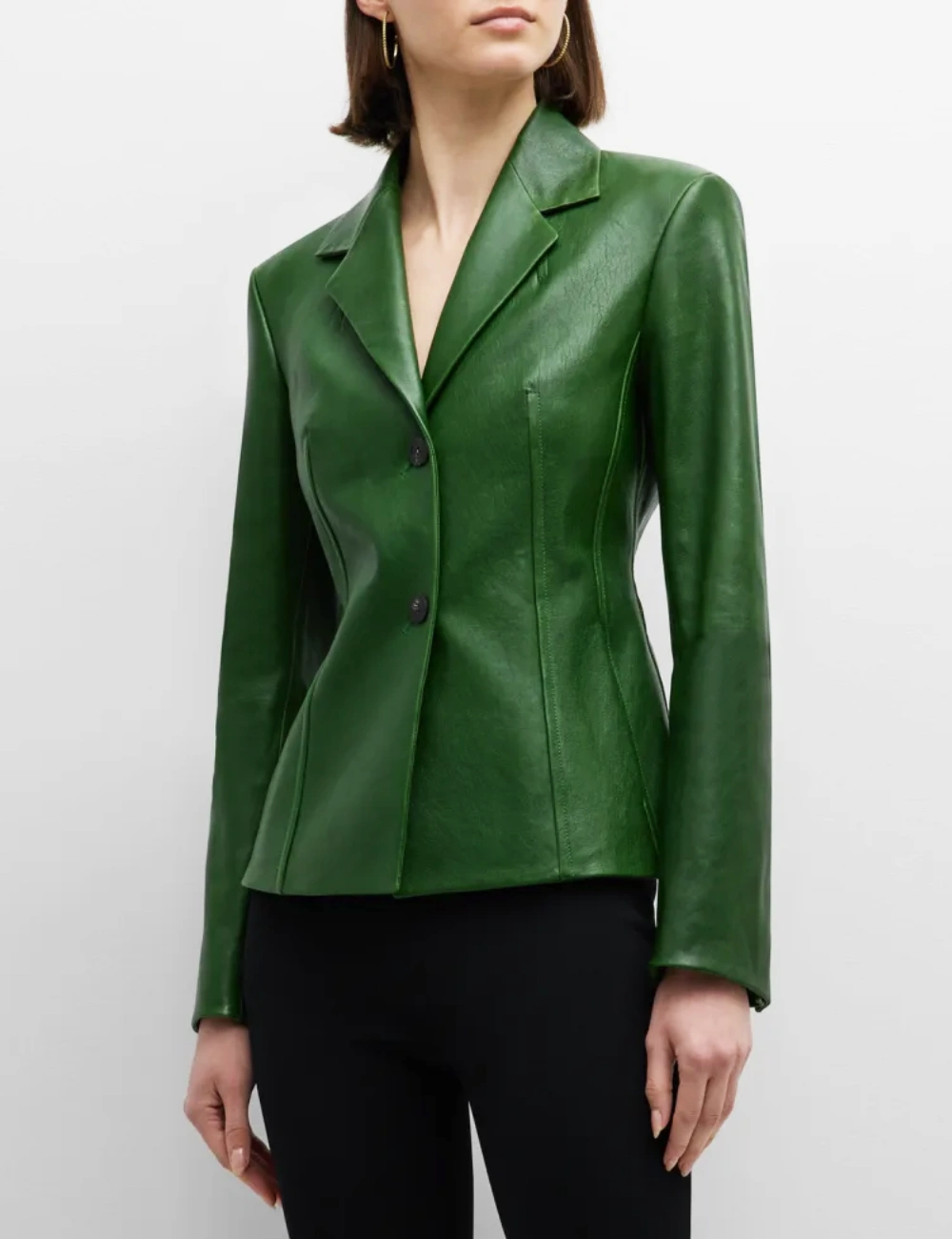 Elegant Forest Green Tailored Italian Leather Blazer for Women (2)