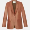 Elegant Tan Brown Nappa Leather Blazer with Single Button for Women (1)