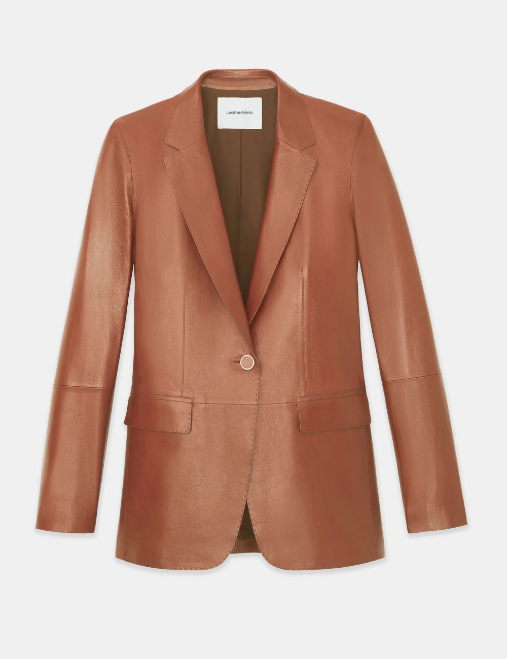 Elegant Tan Brown Nappa Leather Blazer with Single Button for Women (1)