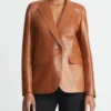 Elegant Tan Brown Nappa Leather Blazer with Single Button for Women (4)