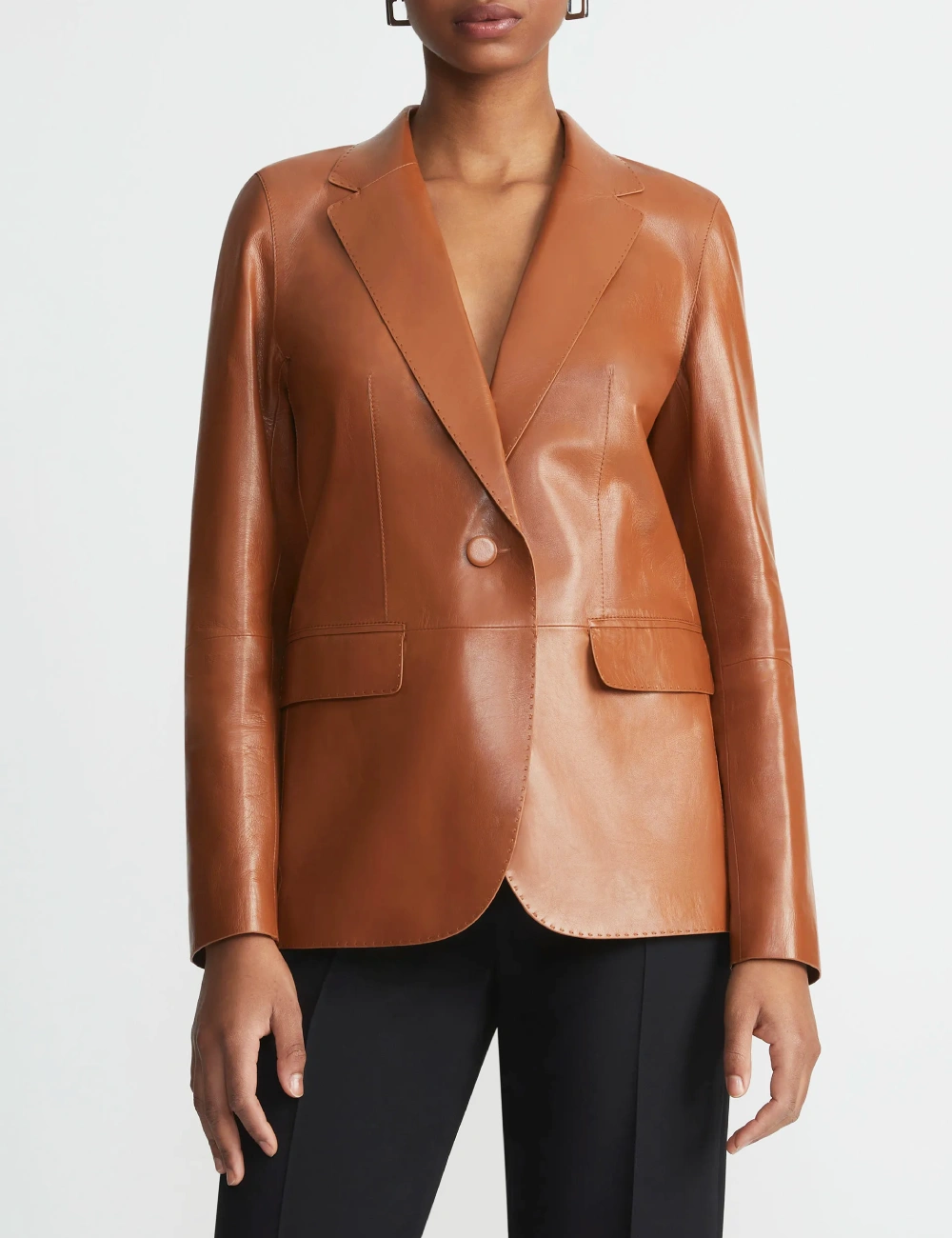 Elegant Tan Brown Nappa Leather Blazer with Single Button for Women (4)