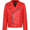 Fiery Red Leather Biker Jacket – Bold Moto Style with Sleek Zippers and Belted Hem (1)