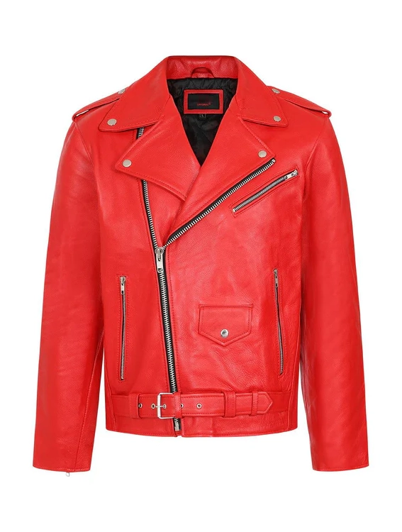 Fiery Red Leather Biker Jacket – Bold Moto Style with Sleek Zippers and Belted Hem (1)