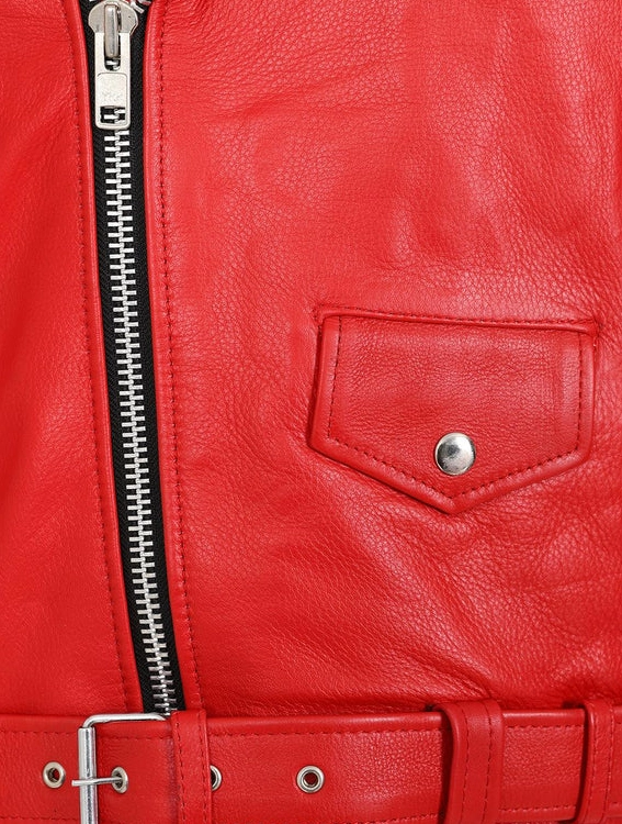 Fiery Red Leather Biker Jacket – Bold Moto Style with Sleek Zippers and Belted Hem (2)