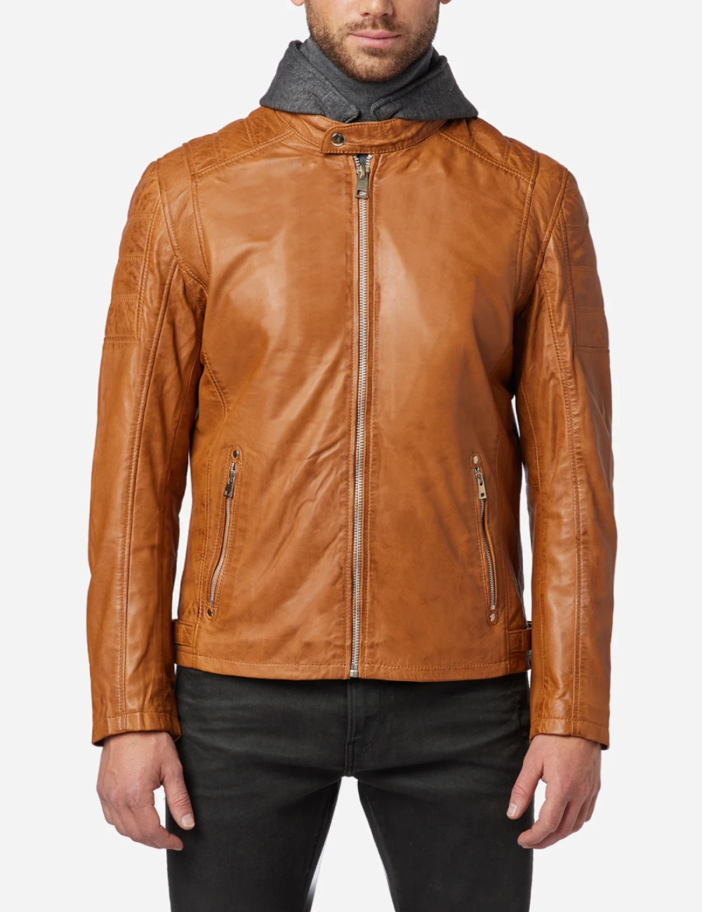Golden Cognac Urban Men Biker Hooded Leather Jacket (3)