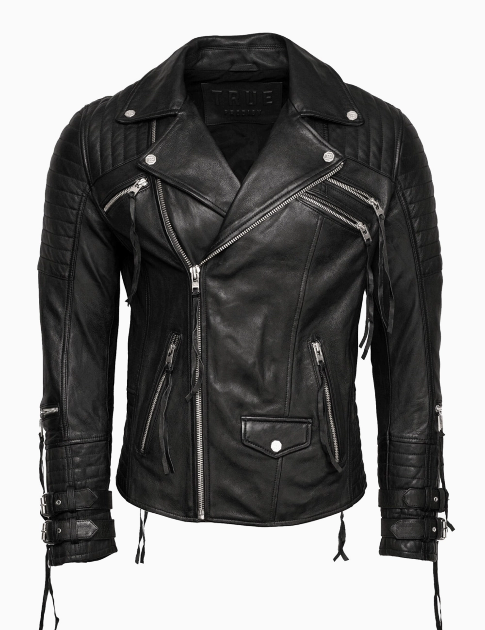 Heavy-Duty Luxury Black Leather Biker Jacket – Design Retro-Inspired with Zipped Cuffs and Chest Pockets (1)