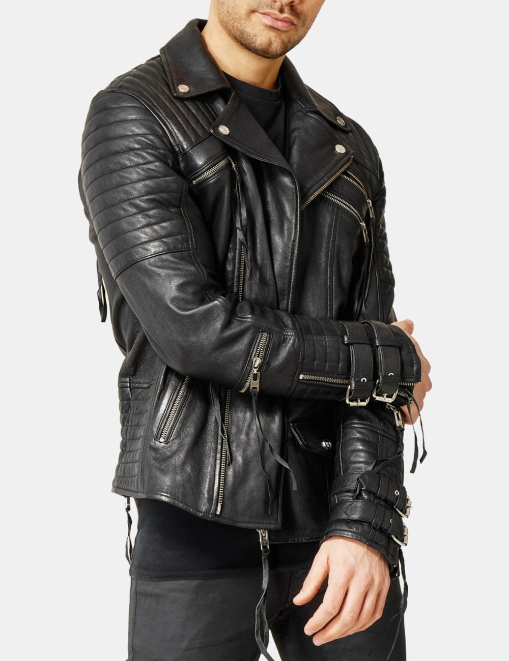 Heavy-Duty Luxury Black Leather Biker Jacket – Design Retro-Inspired with Zipped Cuffs and Chest Pockets (3)