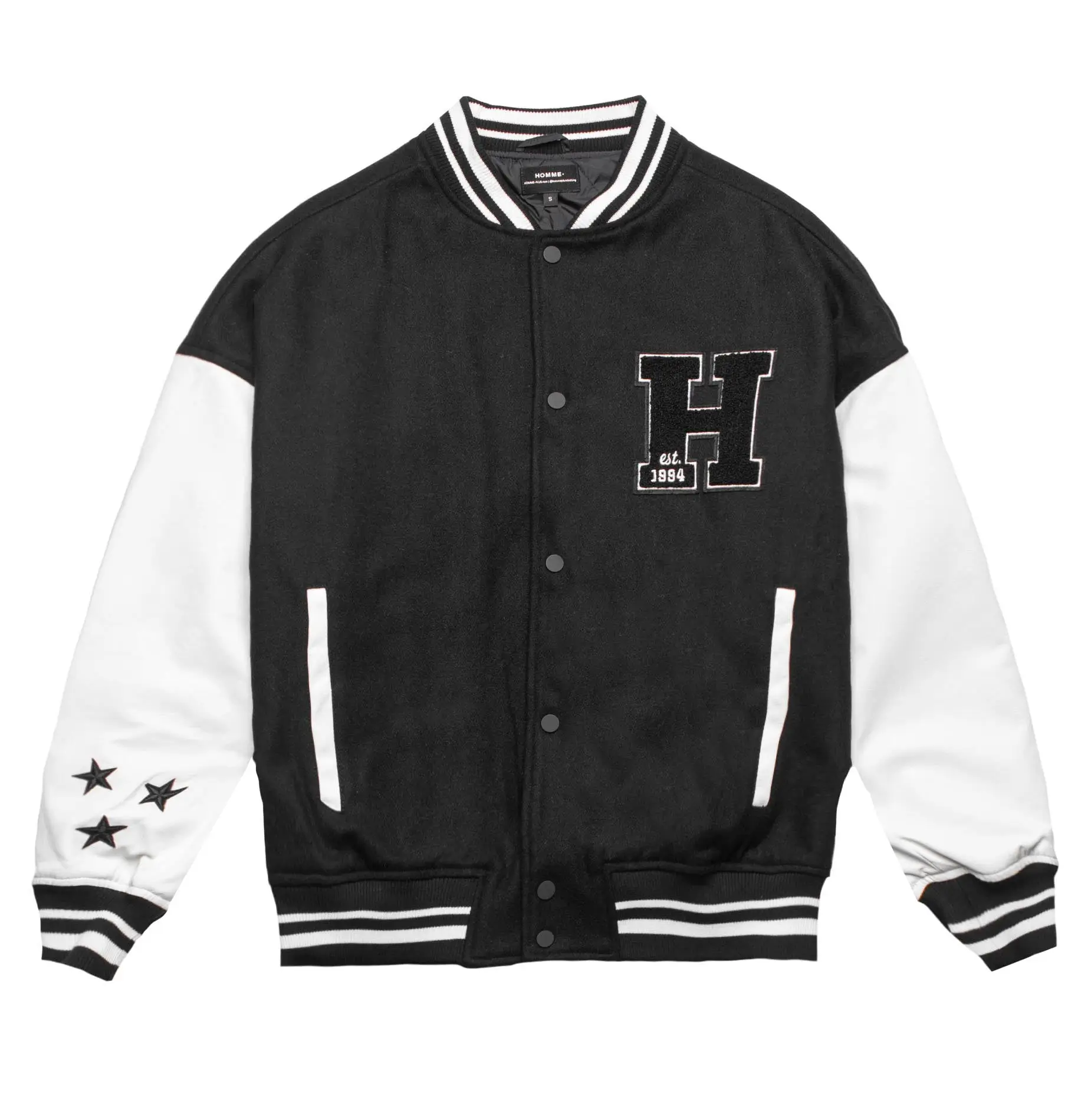 Homme-Vancouver-Logo-BlackWhite-Wool-Leather-Varsity-Jacket-leather moto (1)