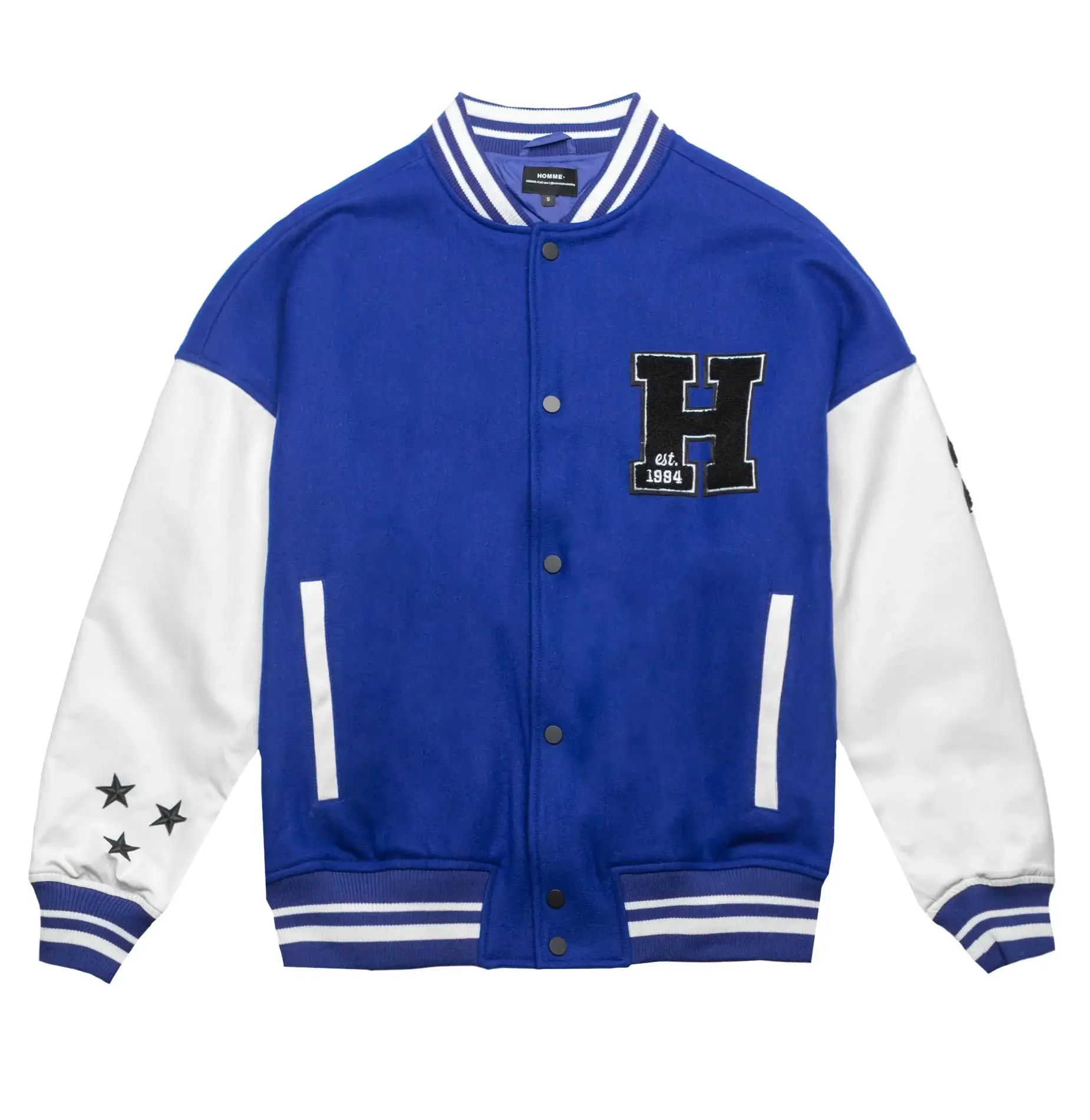 Homme-Vancouver-Logo-BlueWhite-Wool-Leather-Varsity-Jacket- leather moto (1)