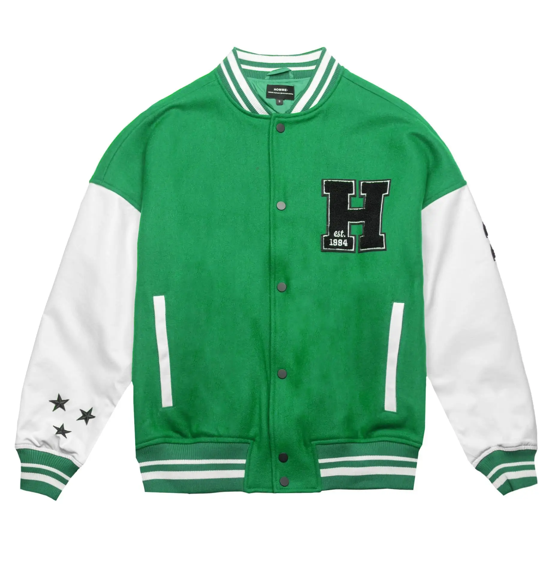 Homme-Vancouver-Logo-GreenWhite-Wool-Leather-Varsity-Jacket-leather moto (1)