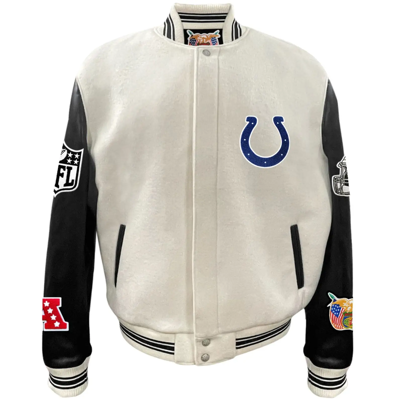 Indianapolis-Colts-Jeff-Hamilton-Wool-Leather-Varsity-Jacket-Cream-Black-LeatherMoto