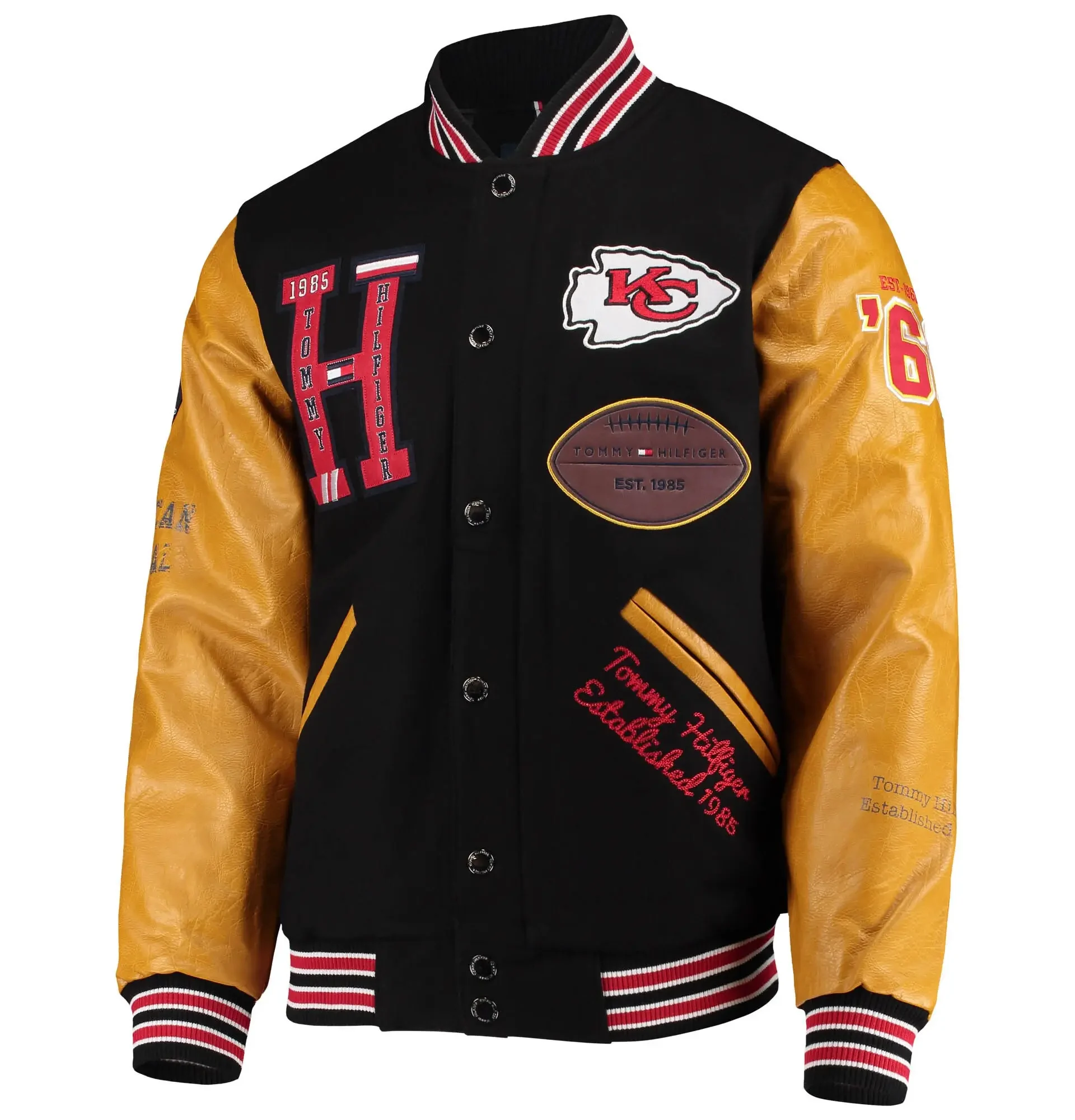 Kansas-City-Chiefs-Tommy-Hilfiger-Heritage-Full-Snap-Black-Tan-Varsity-Jacket-LeatherMoto