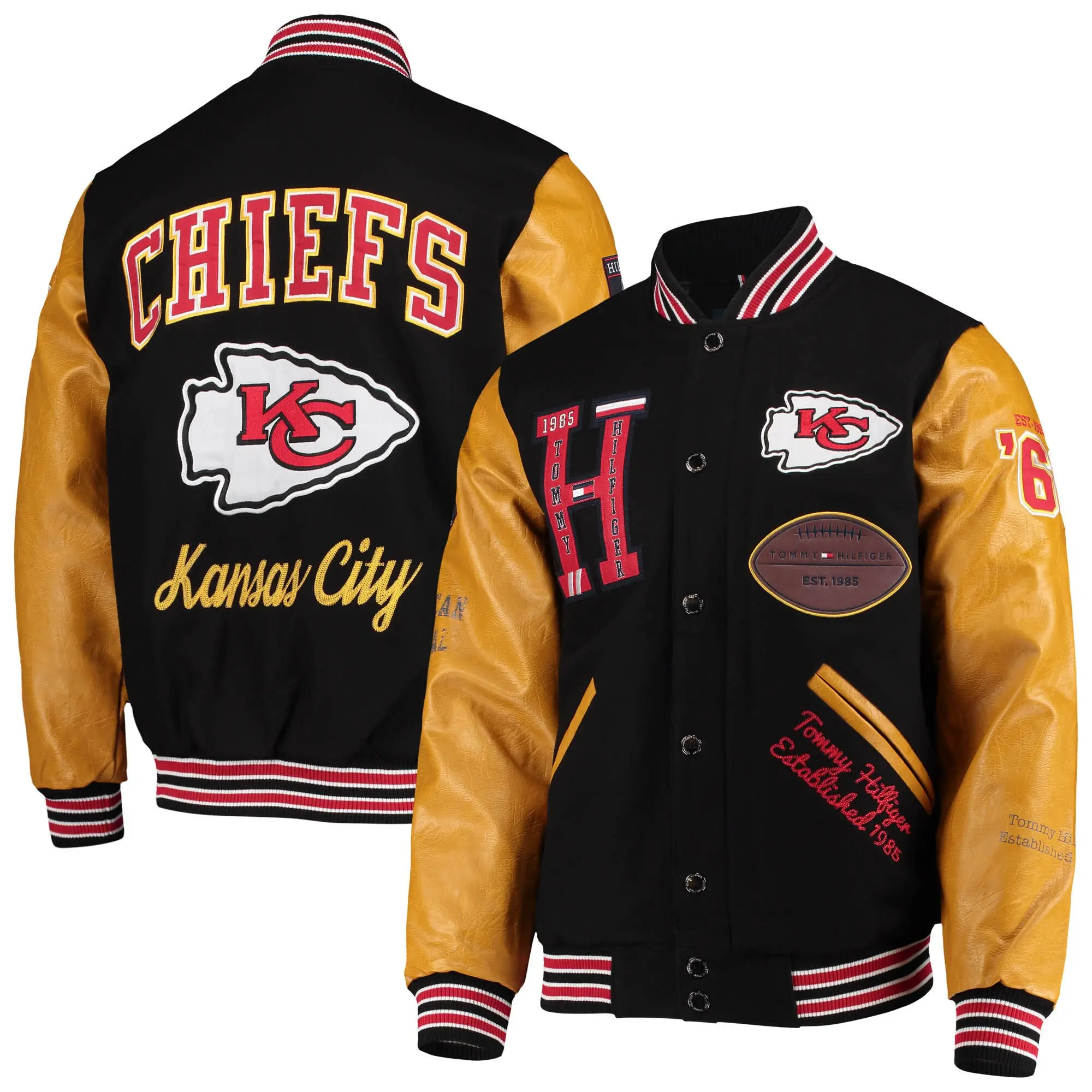 Kansas-City-Chiefs-Tommy-Hilfiger-Heritage-Full-Snap-Black-Tan-Varsity-Jacket-LeatherMoto