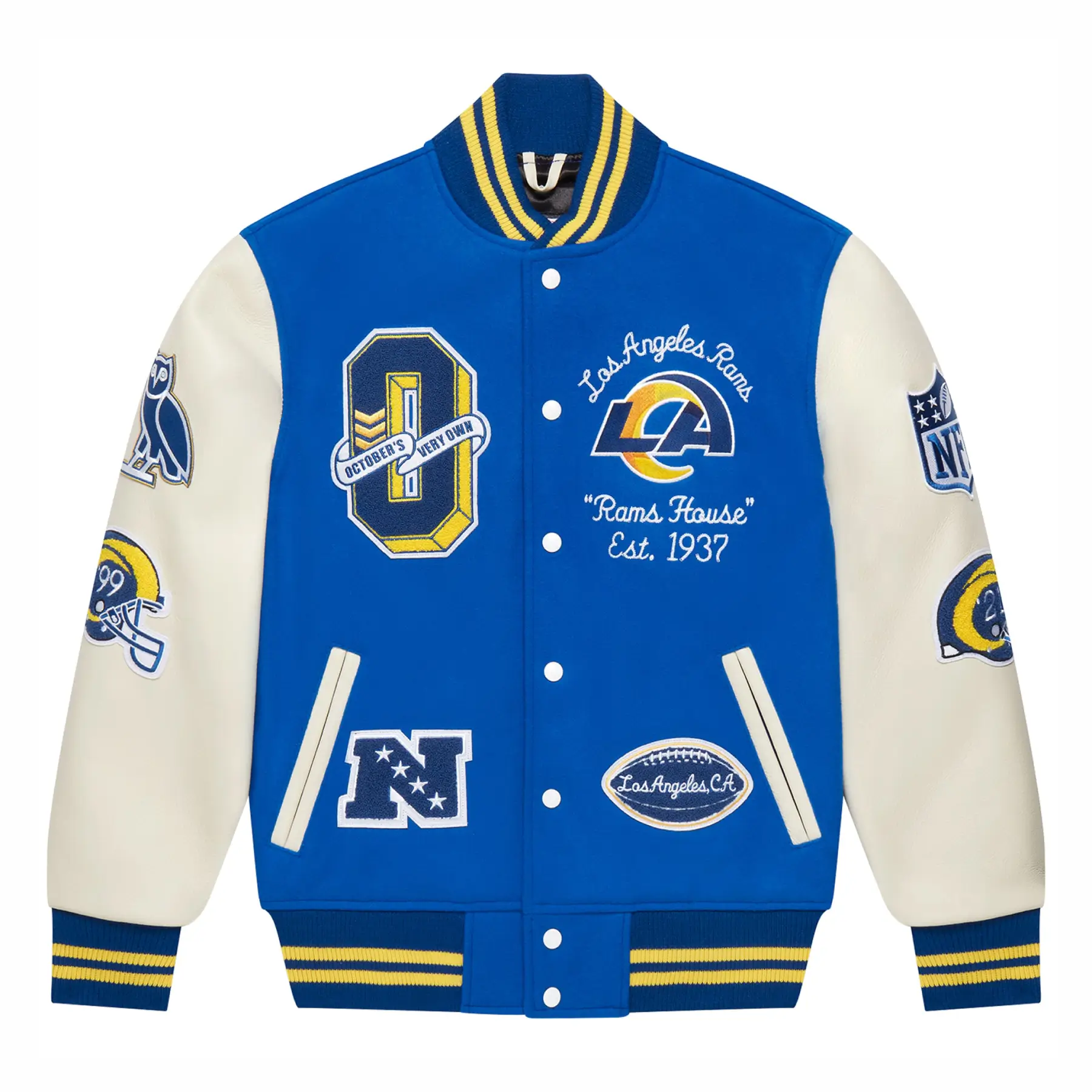 Los-Angeles-Rams-OVO-Royal-Full-Snap-Varsity-Jacket- leather moto