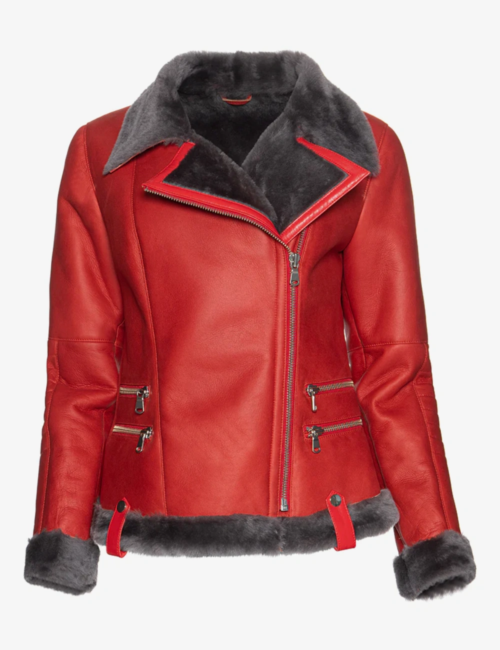 Luxurious Red Women's Shearling Leather Jacket – Luxe Winter Style (2)