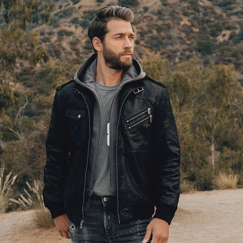 Men Black leather Hooded Jacket