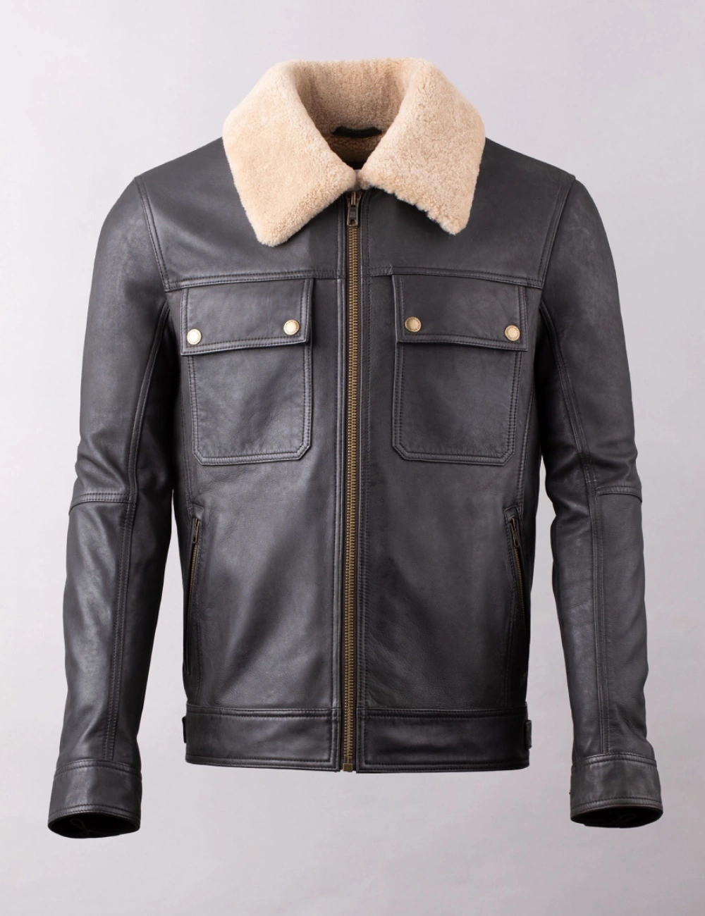 Men's Casual Black Real Leather Zip-Up Shearling Bomber Jacket (1)