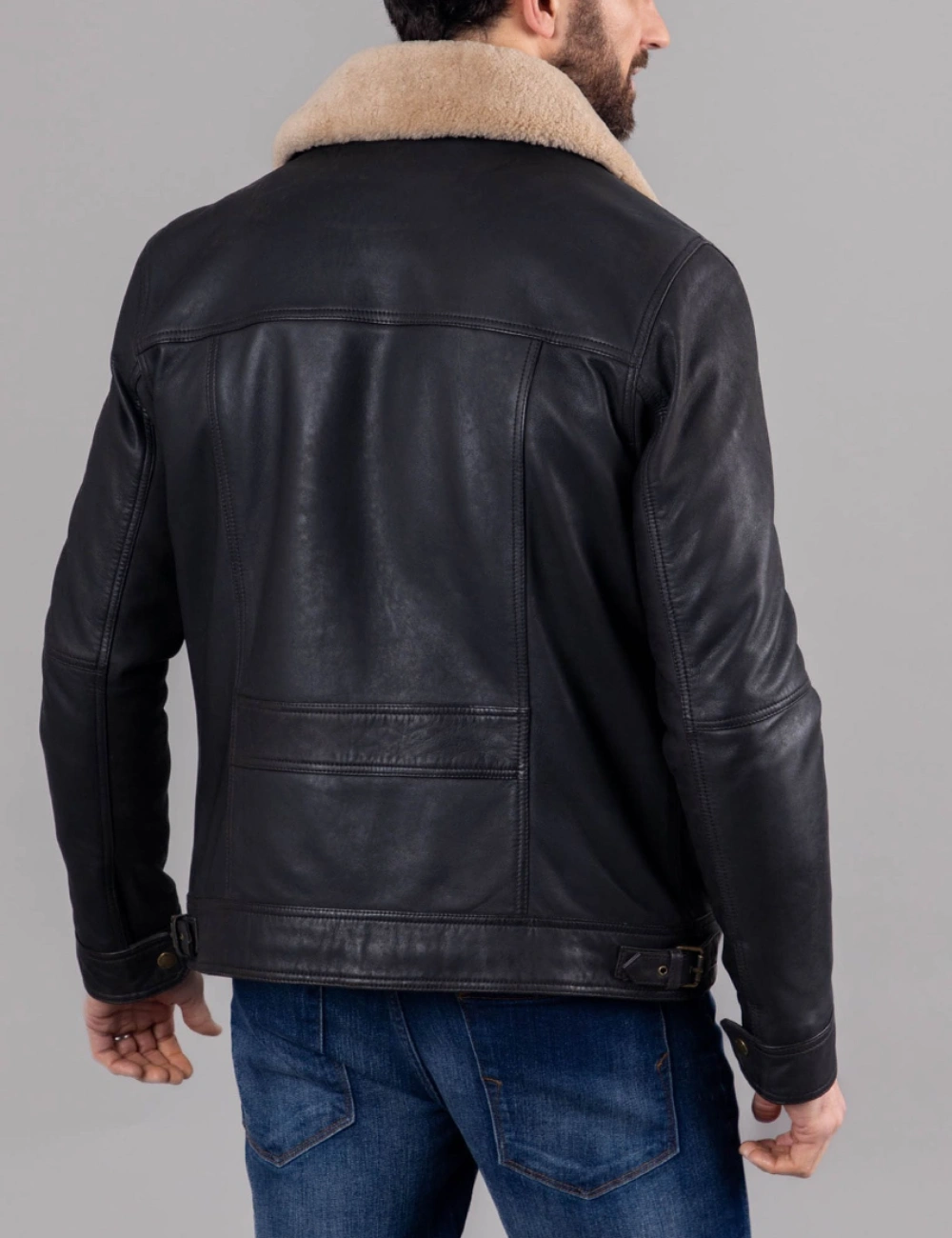 Men's Casual Black Real Leather Zip-Up Shearling Bomber Jacket (2)