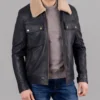 Men's Casual Black Real Leather Zip-Up Shearling Bomber Jacket (3)
