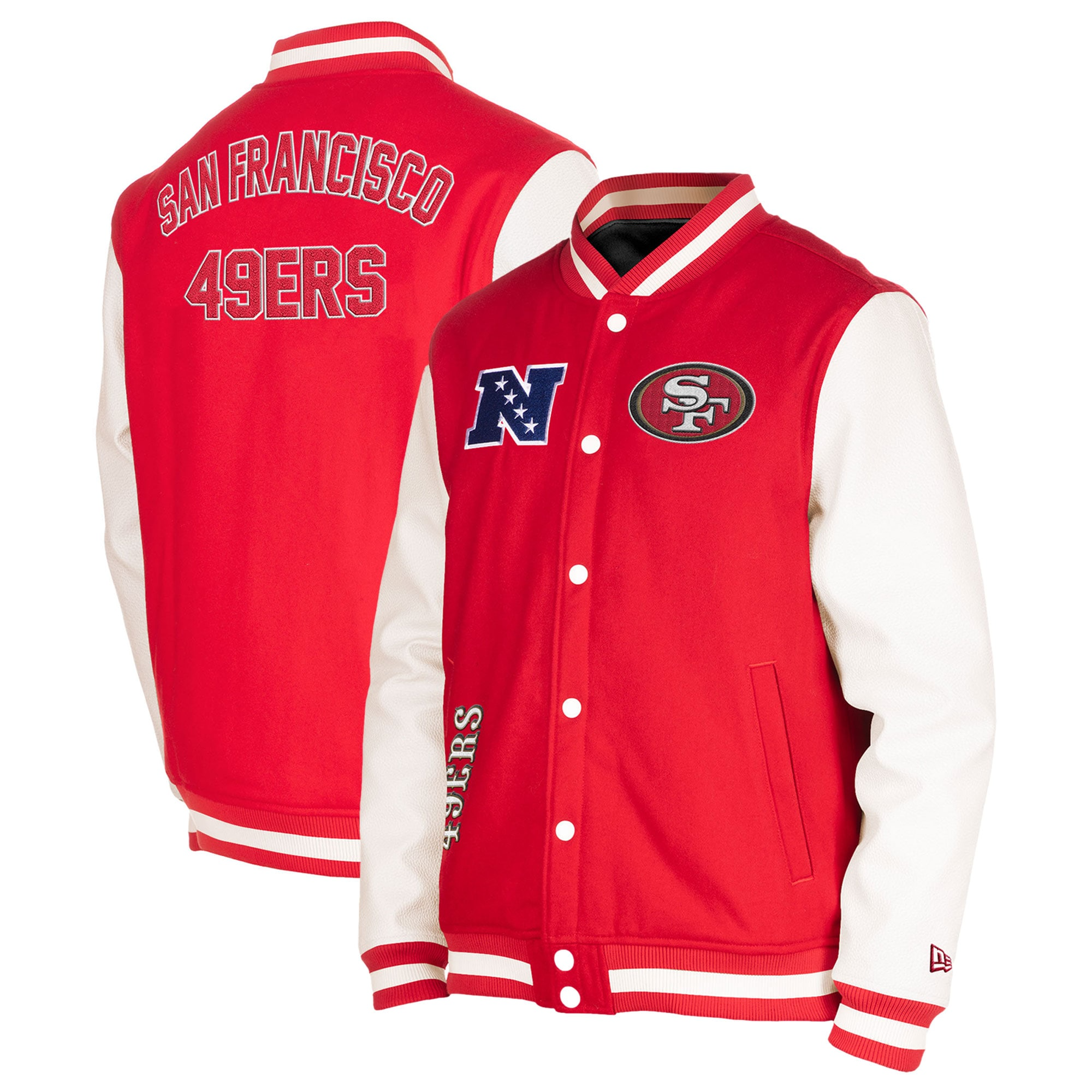Mens-New-Era-Scarlet-San-Francisco-49ers-Third-Down-Full-Snap-Red-White-Varsity-Jacket-LeatherMoto