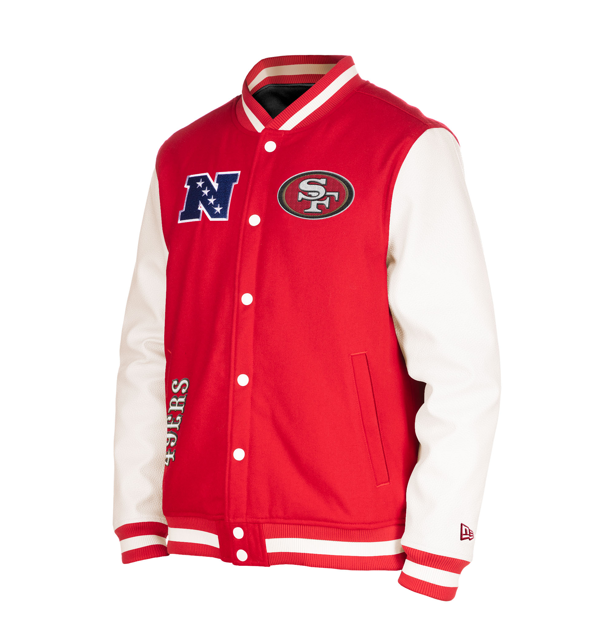Mens-New-Era-Scarlet-San-Francisco-49ers-Third-Down-Full-Snap-Red-White-Varsity-Jacket-LeatherMoto