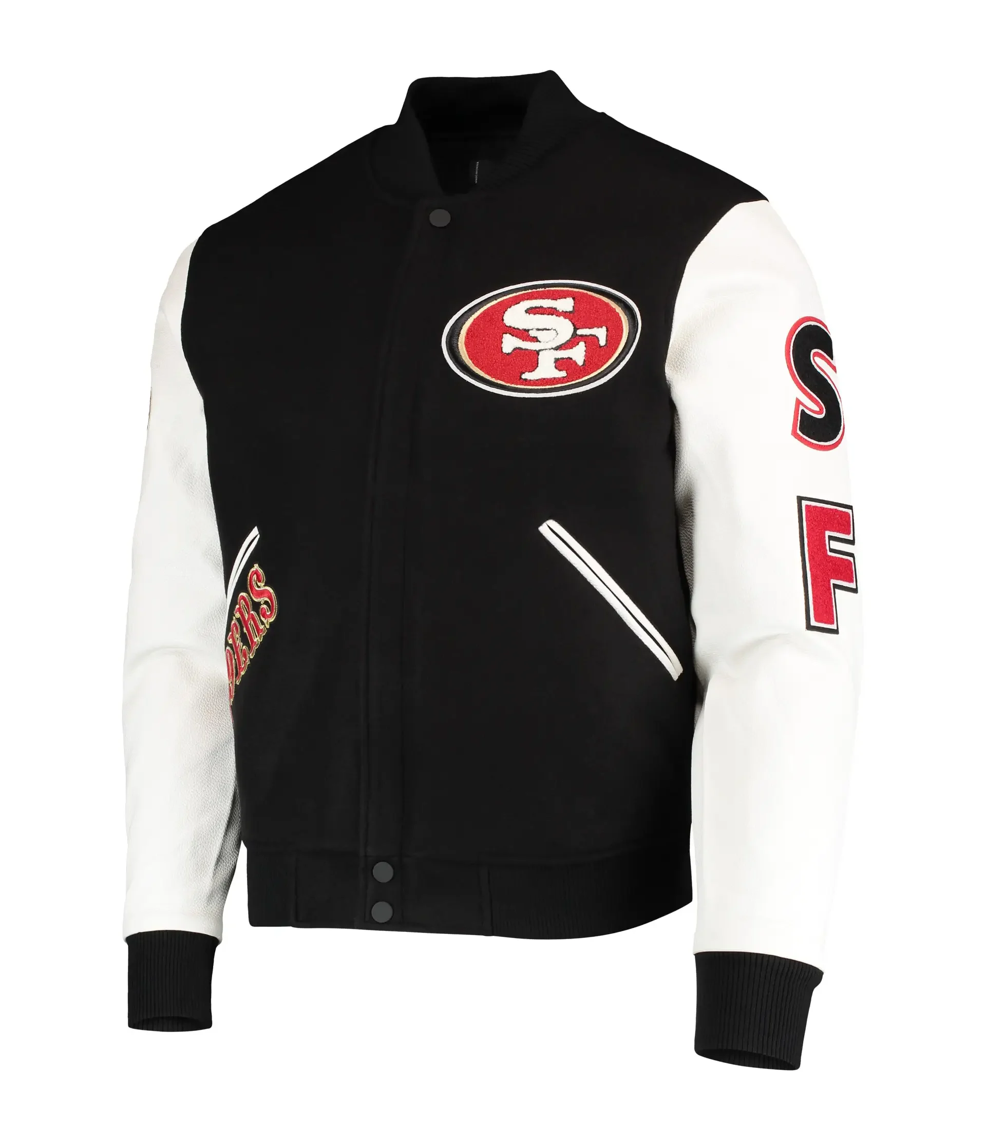 Mens-Pro-Standard-BlackWhite-San-Francisco-49ers-Logo-Full-Zip-Varsity-Jacket-LeatherMoto