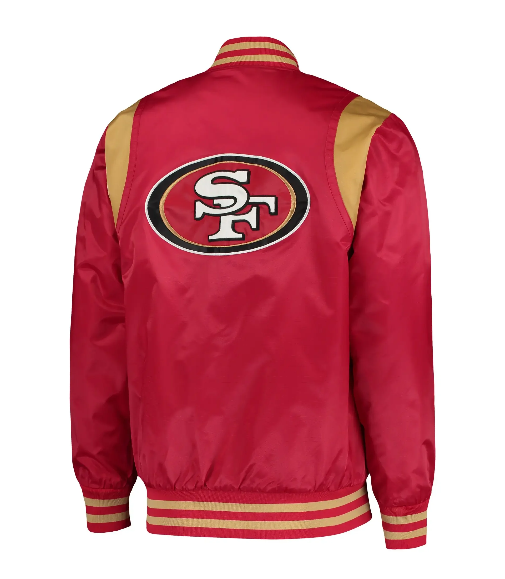 Mens-San-Francisco-49ers-Prime-Time-Starter-Twill-Full-Snap-RedGold-Satin-Varsity-Jacket-LeatherMoto