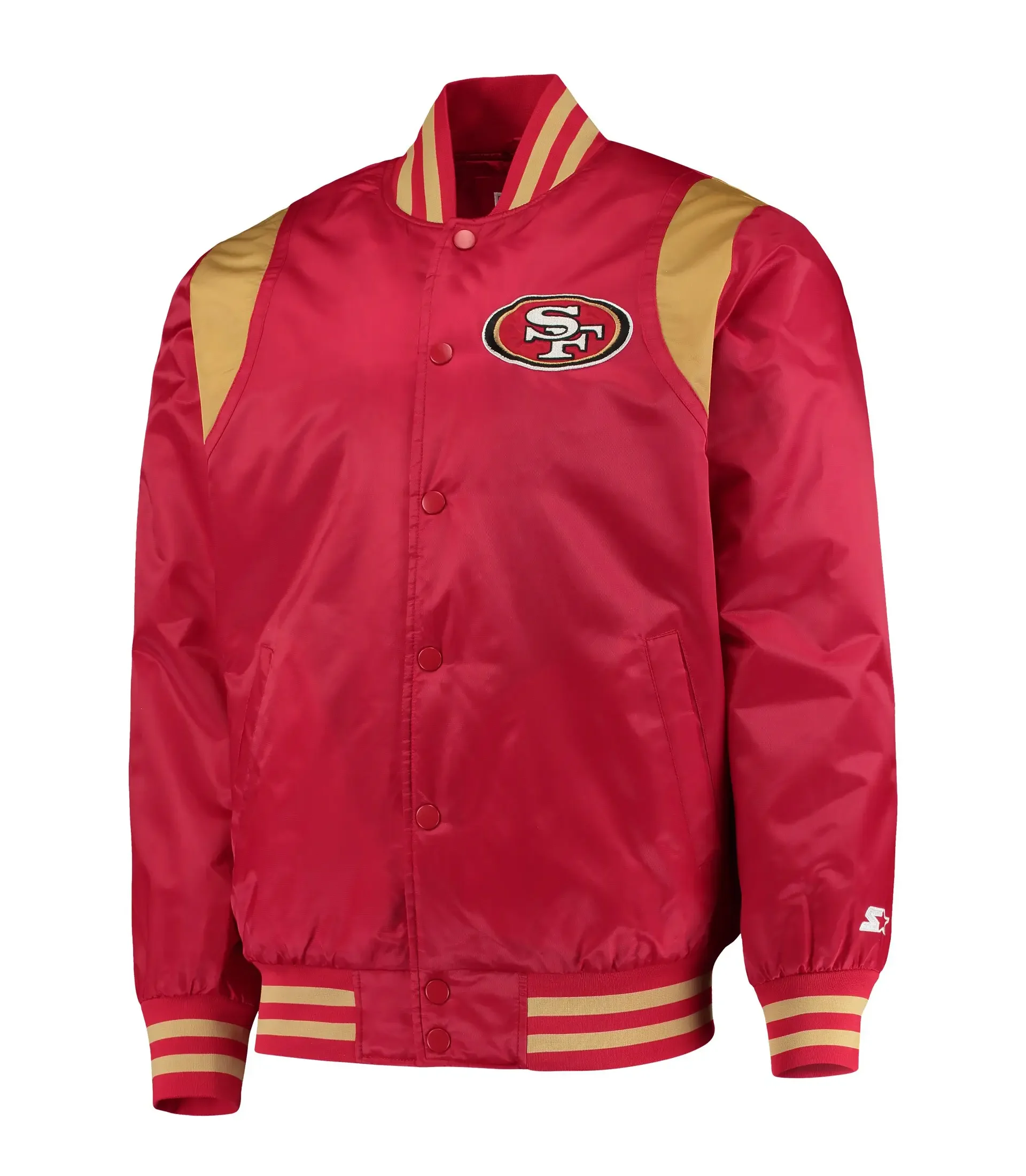 Mens-San-Francisco-49ers-Prime-Time-Starter-Twill-Full-Snap-RedGold-Satin-Varsity-Jacket-LeatherMoto
