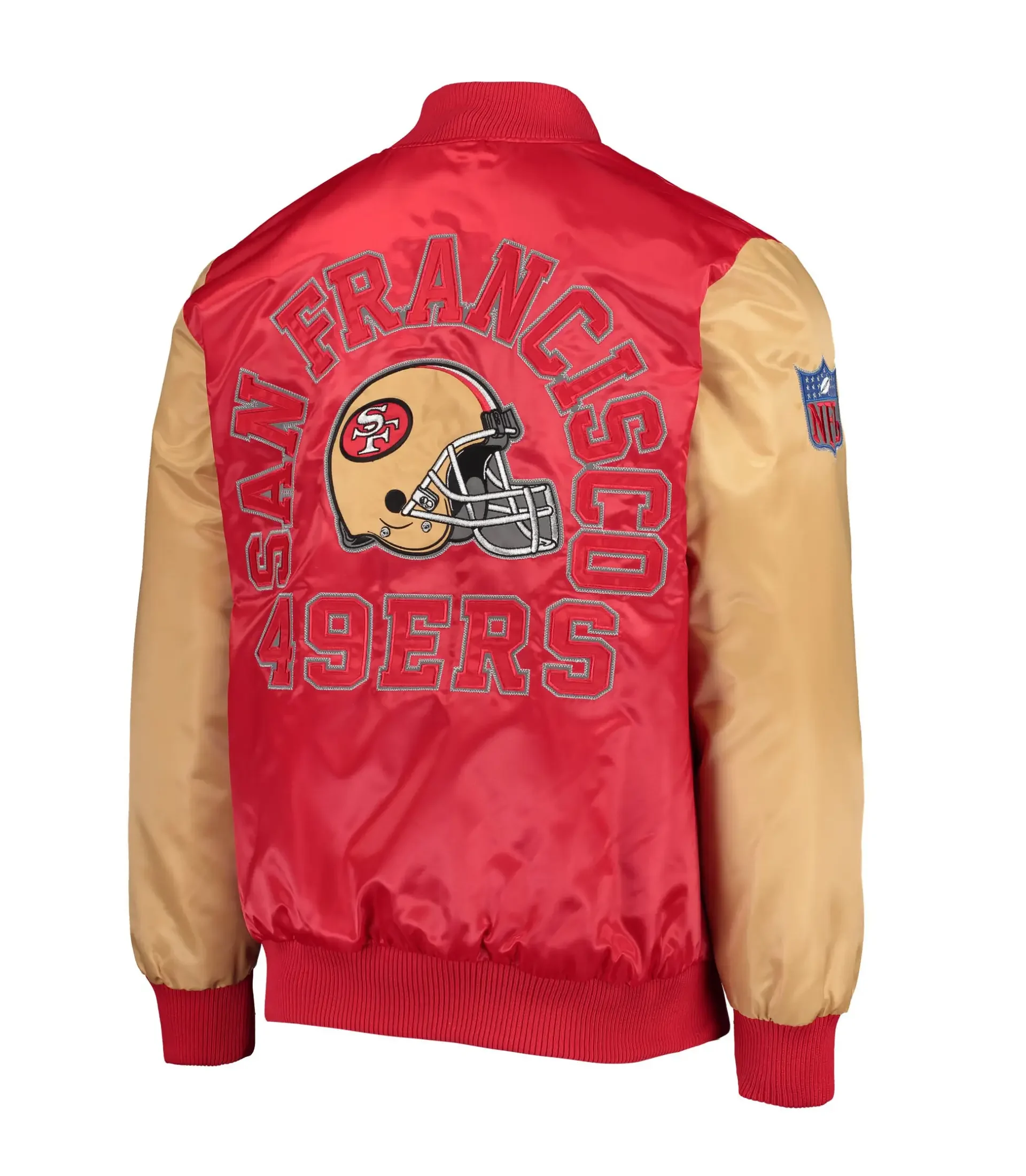 Mens-San-Francisco-49ers-Starter-Locker-Room-Throwback-Full-Snap-RedGold-Satin-Varsity-Jacket-LeatherMoto