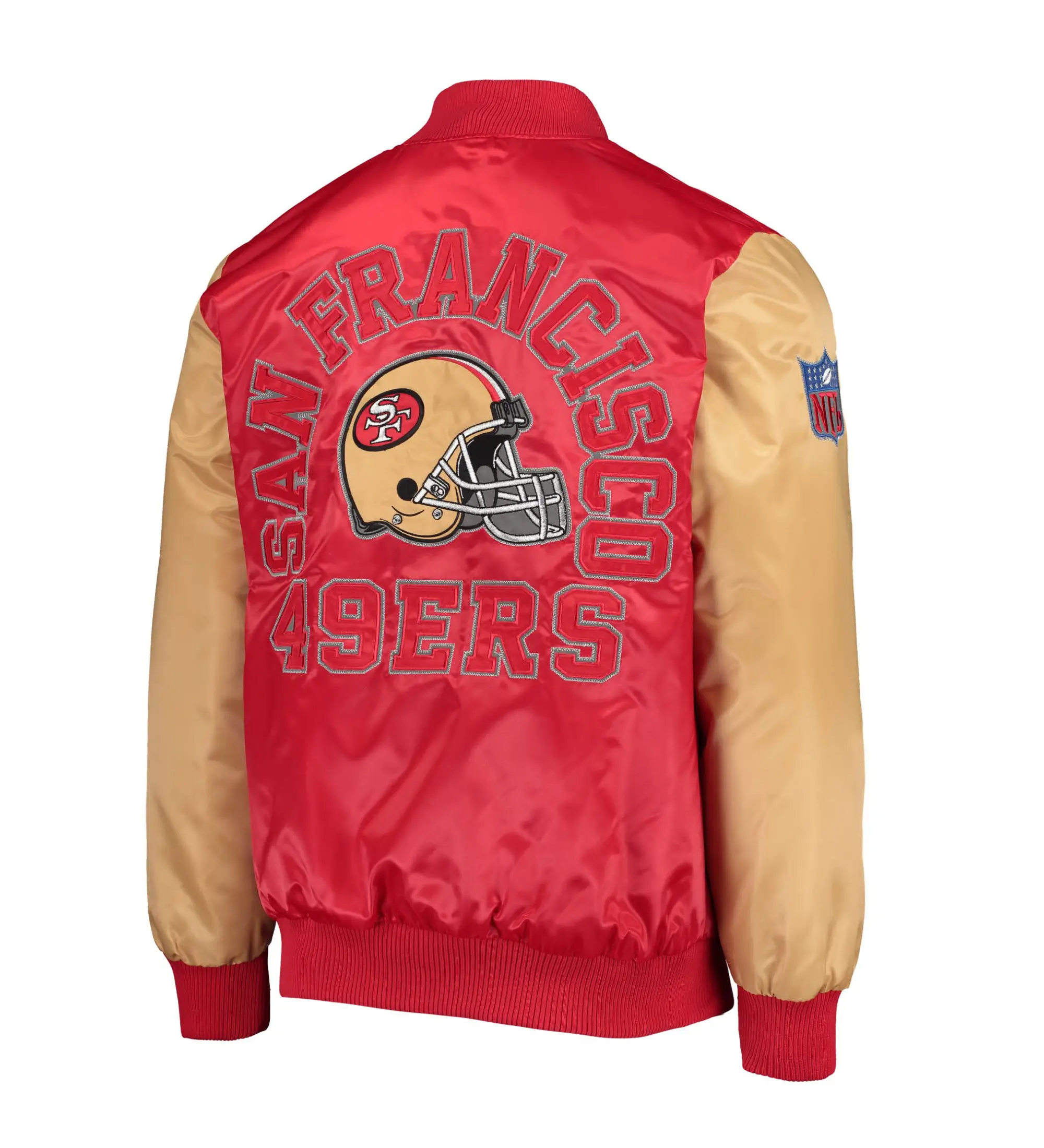 Mens-San-Francisco-49ers-Starter-Locker-Room-Throwback-Full-Snap-RedGold-Satin-Varsity-Jacket-LeatherMoto