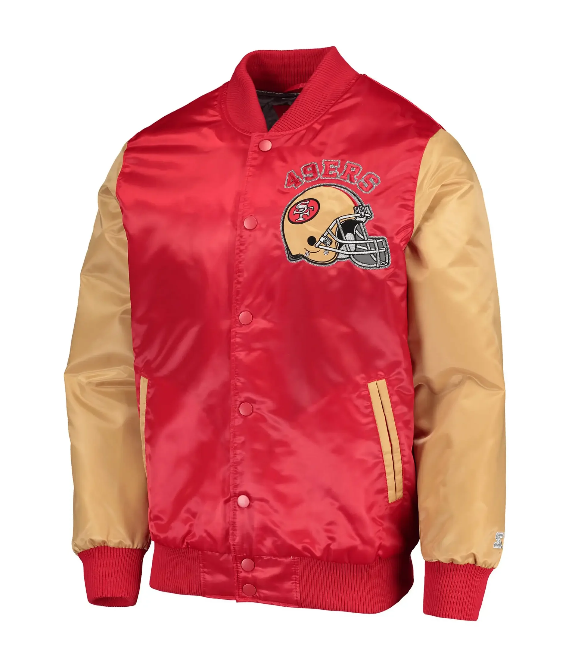 Mens-San-Francisco-49ers-Starter-Locker-Room-Throwback-Full-Snap-RedGold-Satin-Varsity-Jacket-LeatherMoto