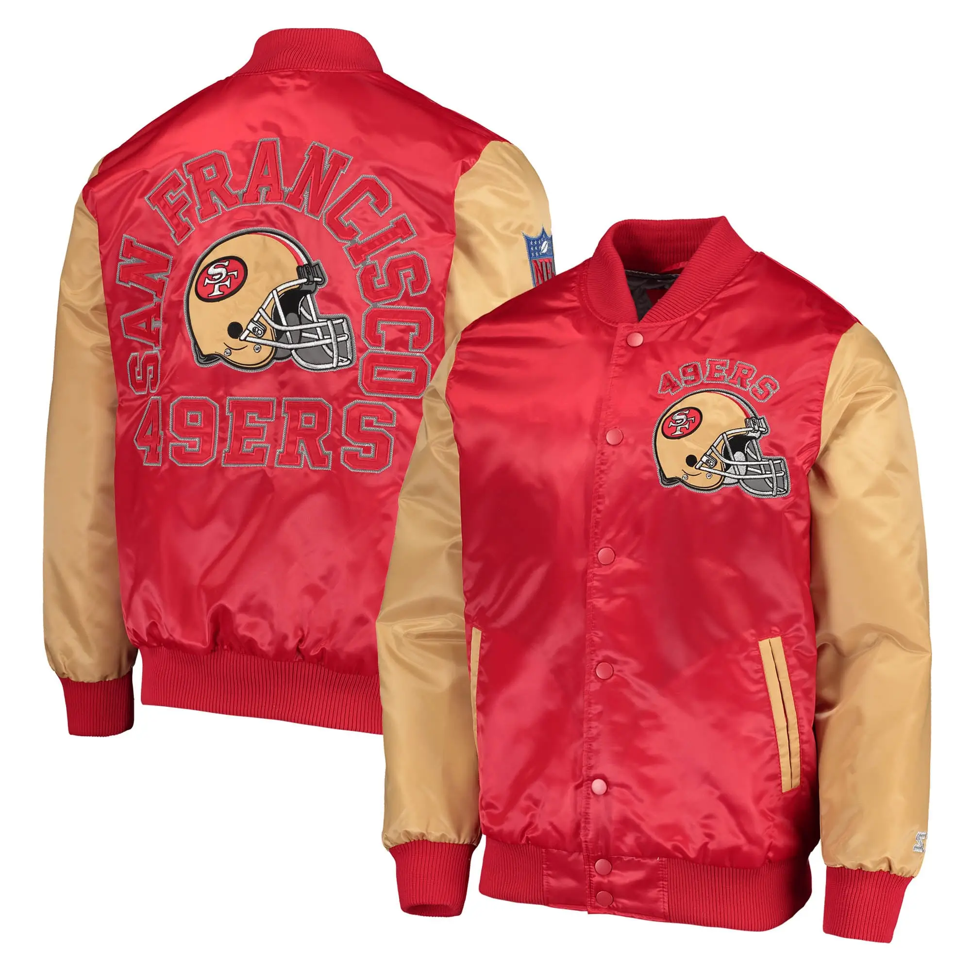 Mens-San-Francisco-49ers-Starter-Locker-Room-Throwback-Full-Snap-RedGold-Satin-Varsity-Jacket-LeatherMoto