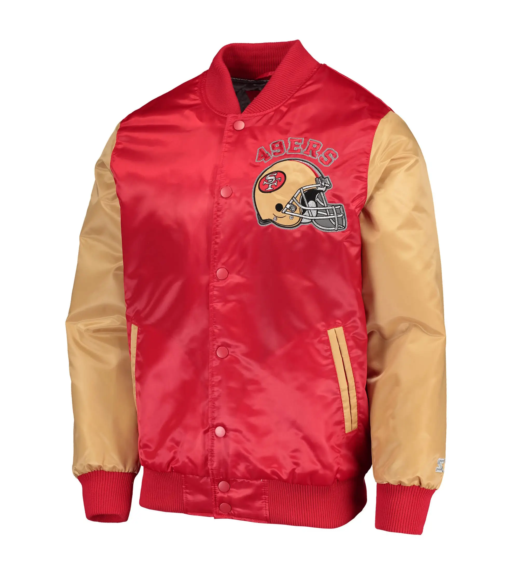 Mens-San-Francisco-49ers-Starter-Locker-Room-Throwback-Full-Snap-RedGold-Satin-Varsity-Jacket-LeatherMoto