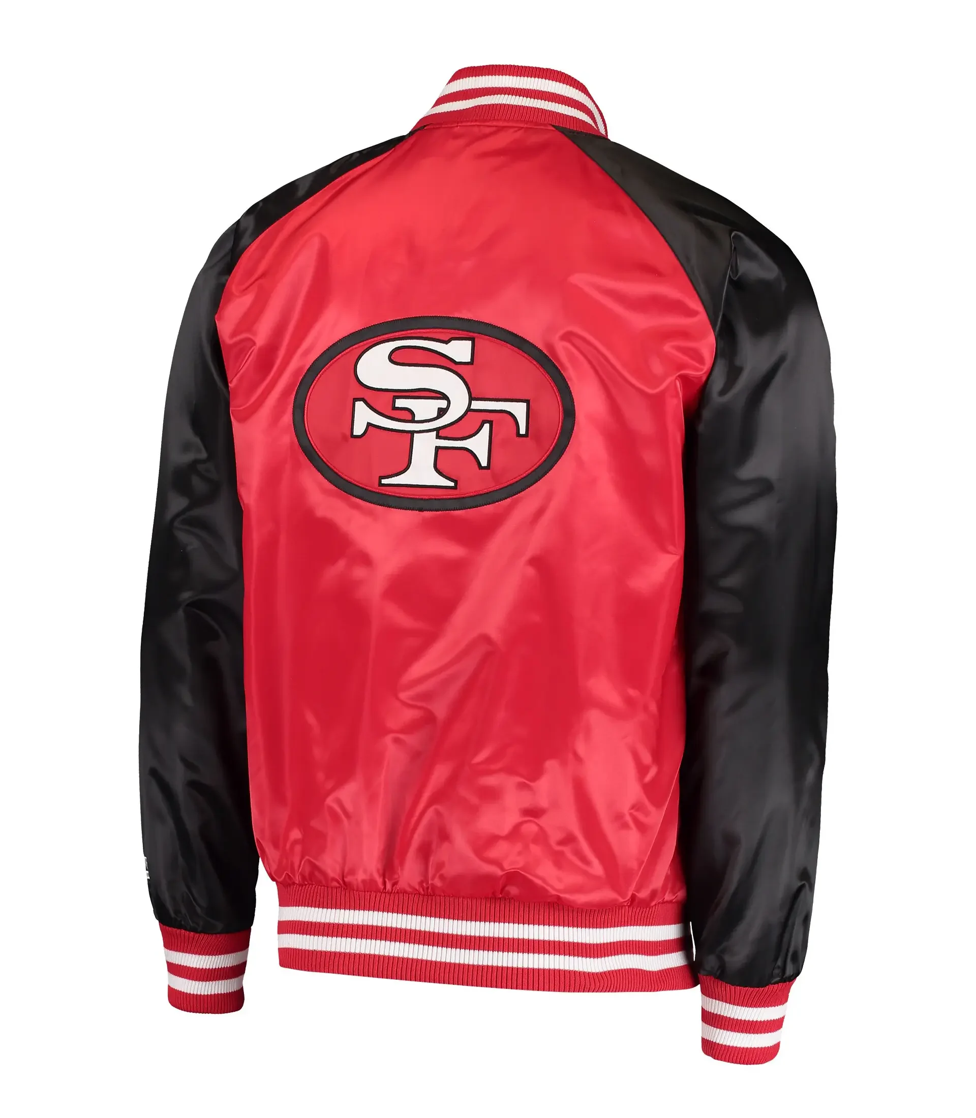 Mens-San-Francisco-49ers-Starter-RedBlack-Lead-Off-Raglan-Satin-Varsity-Jacket-LeatherMoto
