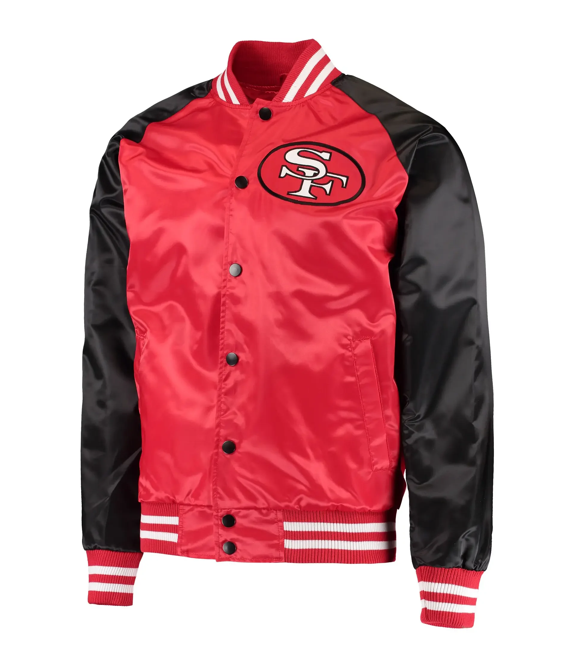 Mens-San-Francisco-49ers-Starter-RedBlack-Lead-Off-Raglan-Satin-Varsity-Jacket-LeatherMoto