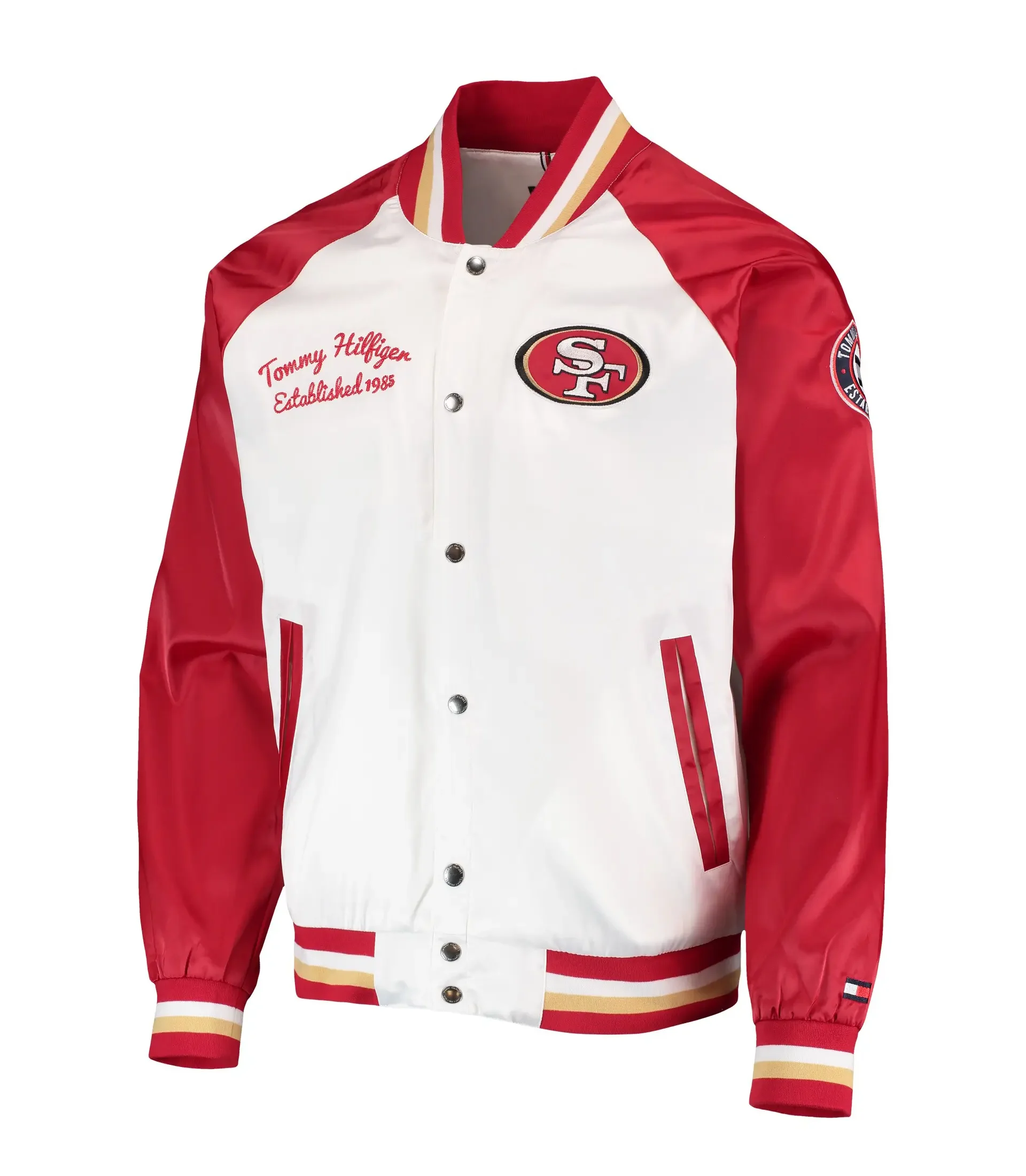 Mens-San-Francisco-49ers-Tommy-Hilfiger-WhiteRed-The-Varsity-Raglan-Full-Snap-Jacket-LeatherMoto