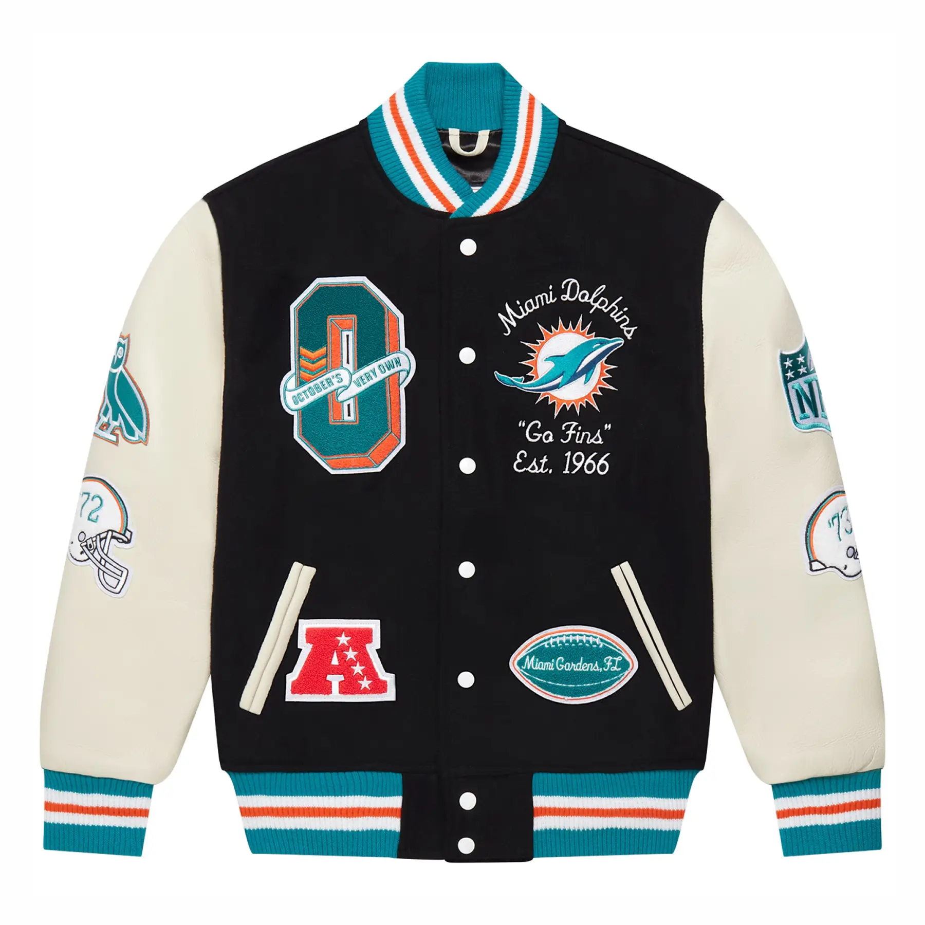 Miami-Dolphins-OVO-Black-Full-Snap-Varsity-Jacket- leather moto