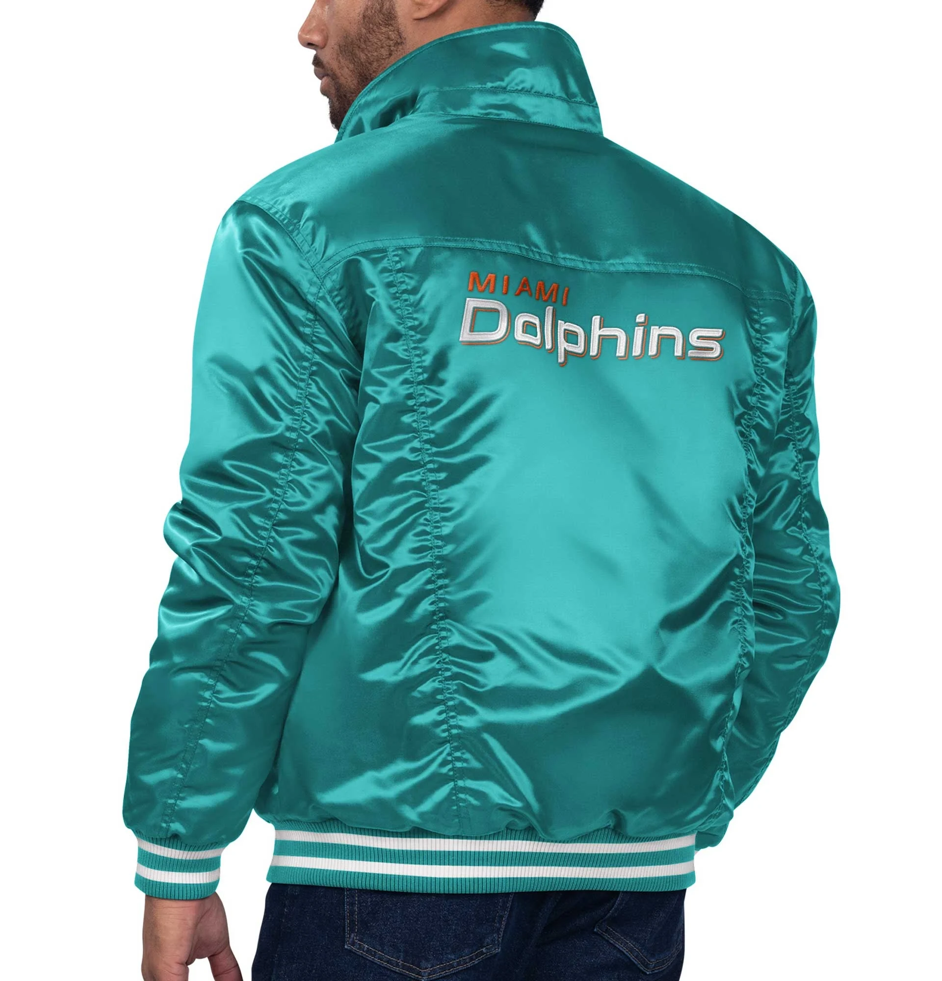 Miami-Dolphins-Silver-Tab-Satin-Trucker-Varsity-Jacket-Aqua-LeatherMoto