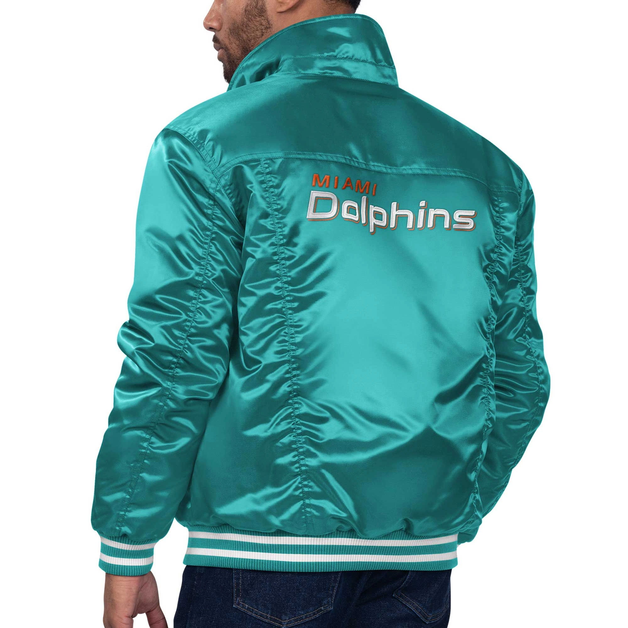 Miami-Dolphins-Silver-Tab-Satin-Trucker-Varsity-Jacket-Aqua-LeatherMoto