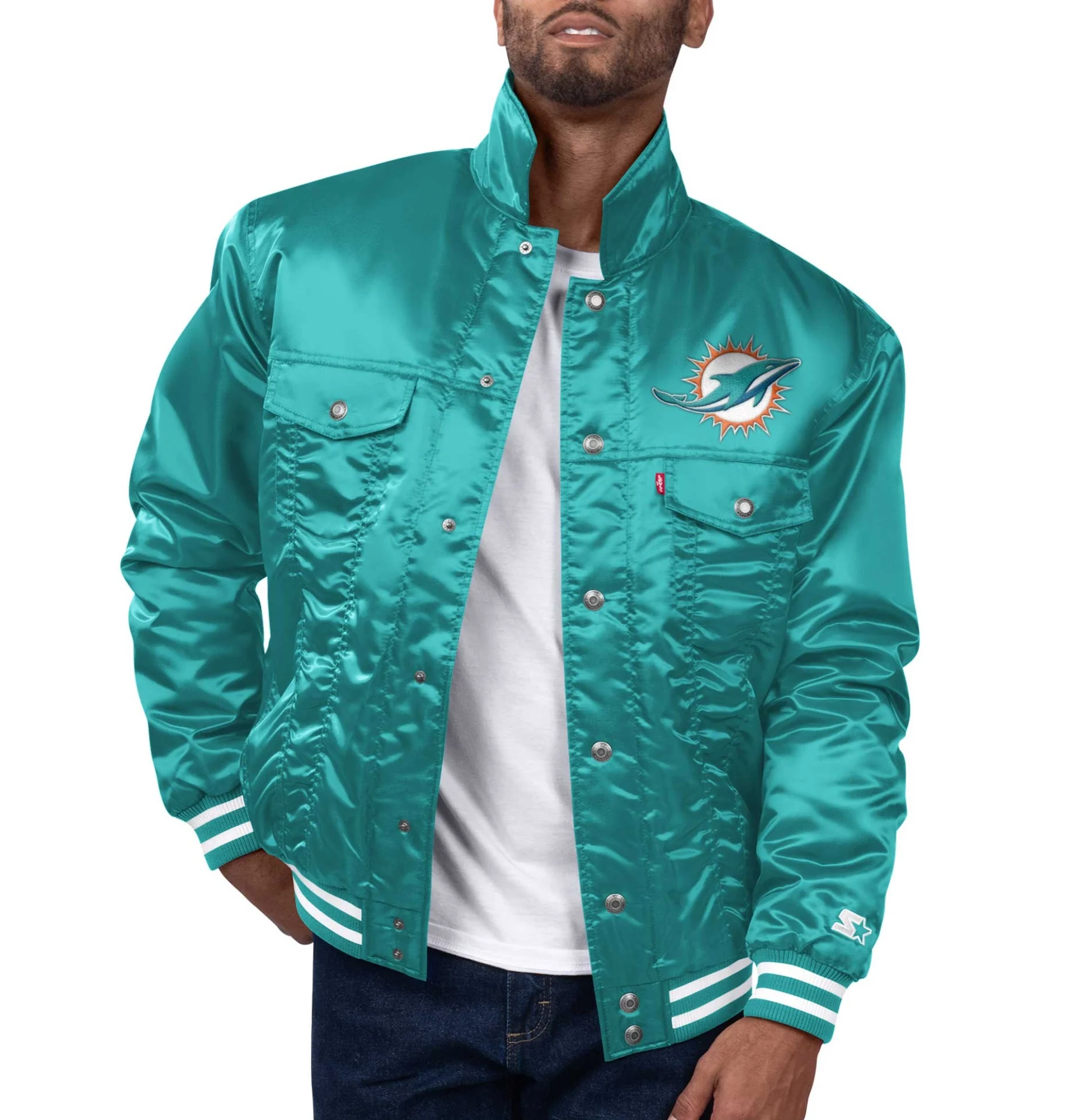 Miami-Dolphins-Silver-Tab-Satin-Trucker-Varsity-Jacket-Aqua-LeatherMoto