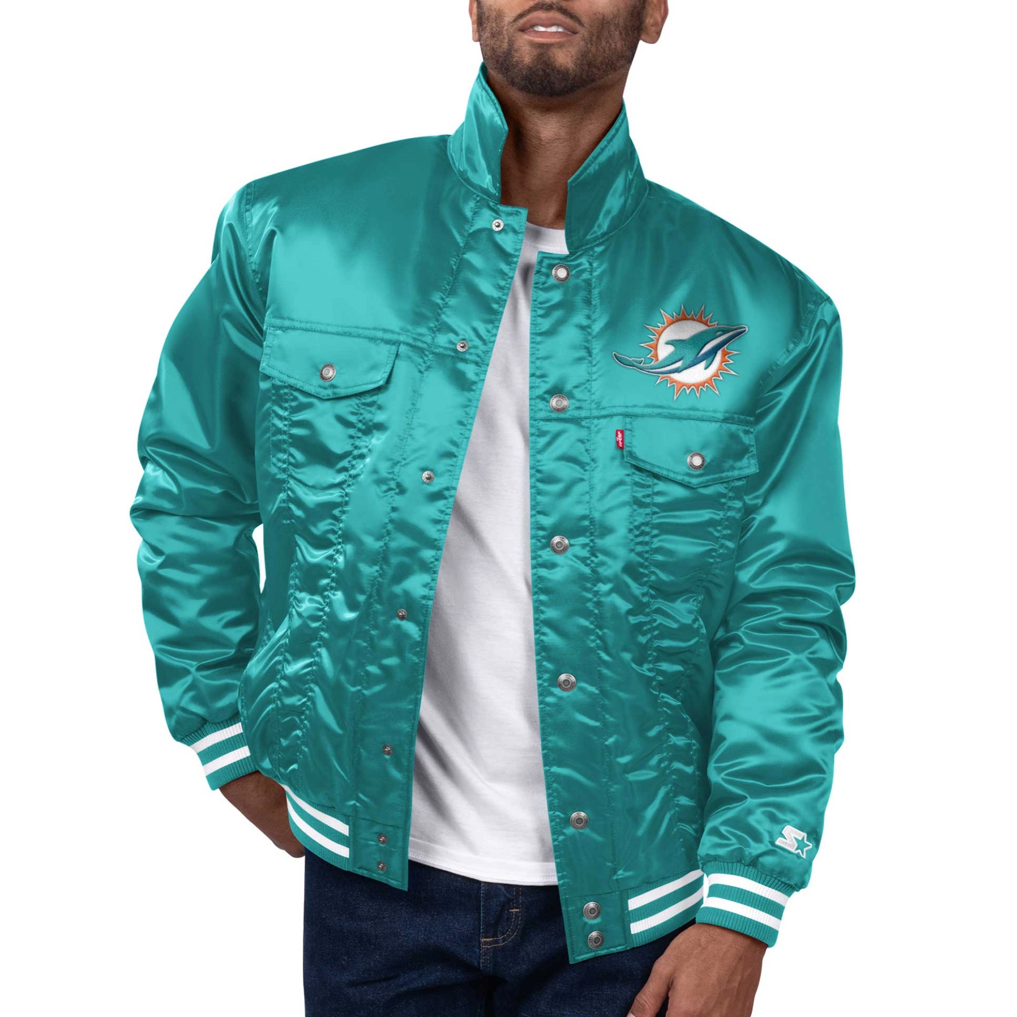 Miami-Dolphins-Silver-Tab-Satin-Trucker-Varsity-Jacket-Aqua-LeatherMoto