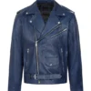 Midnight Blue Leather Biker Jacket – Striking Moto Look with Silver Zipper Detailing (1)